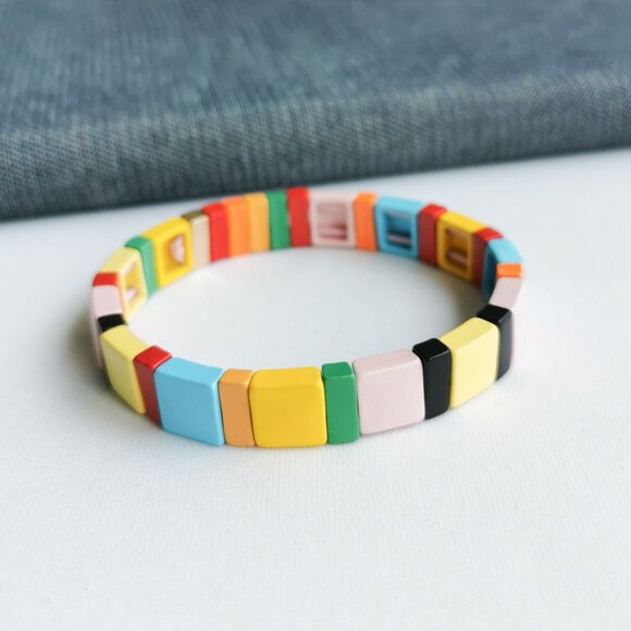 Roxanne Assoulin Rainbow Brite Colorful Enamel Stretch Bracelet in Gold - Picture 1 of 4